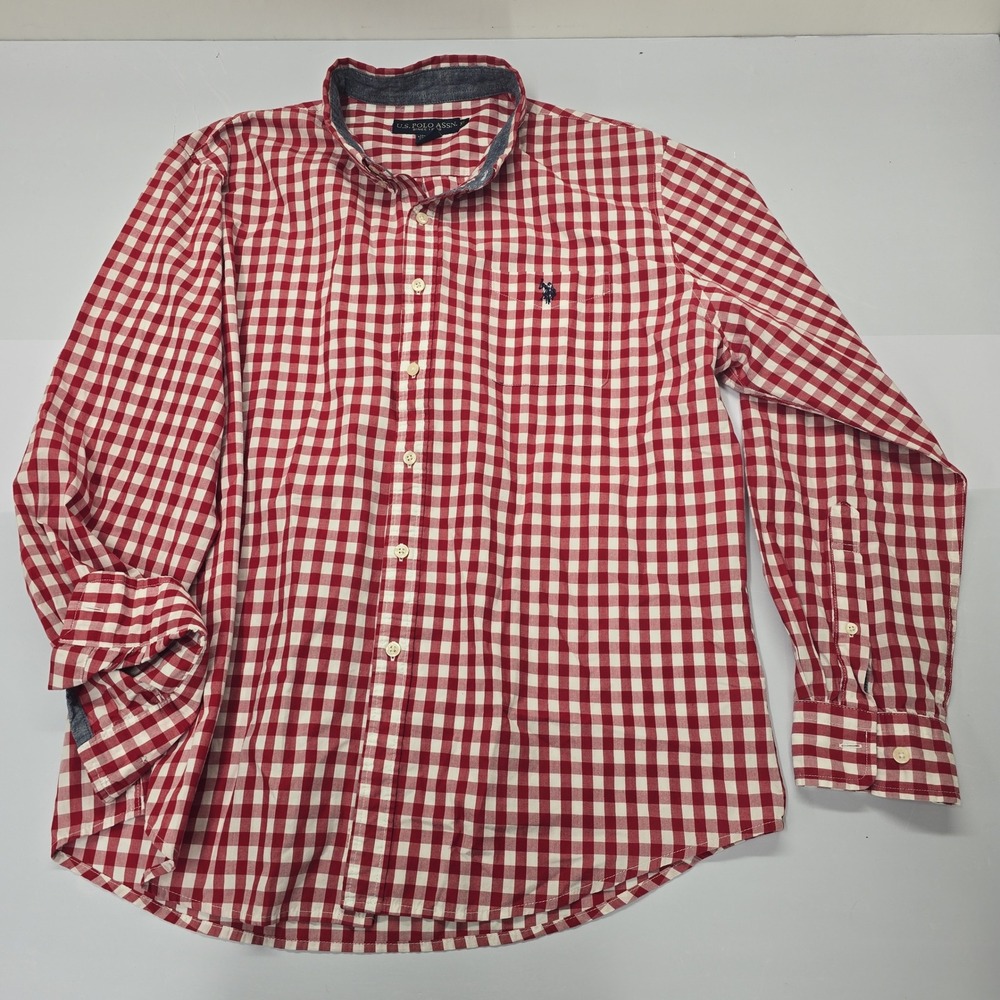 US Polo Assn Mens XL Red White Gingham Button Down Long Sleeve Shirt
